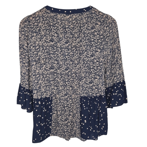 Maeve Anthropologie Hiver Blue Lace Panel 3/4 Boho Flare Sleeve Peasant Blouse 2 - Picture 2 of 9